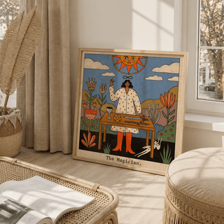 Side view of framed magician illustration in minimalist living room