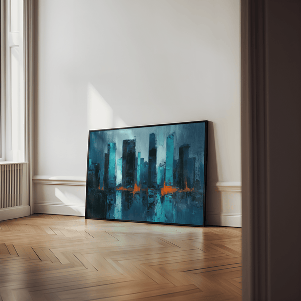 Poster of Blue Artwork City showing Blue tones, Orange highlights for bedroom