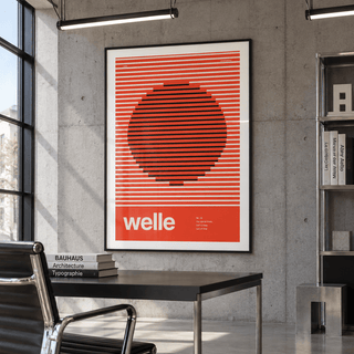 Red stripes with a shifting circle print in a modernist studio