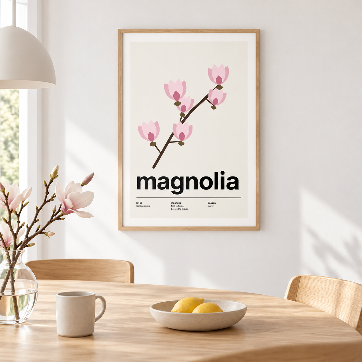 Magnolia flower print on the wall of a calm dining room