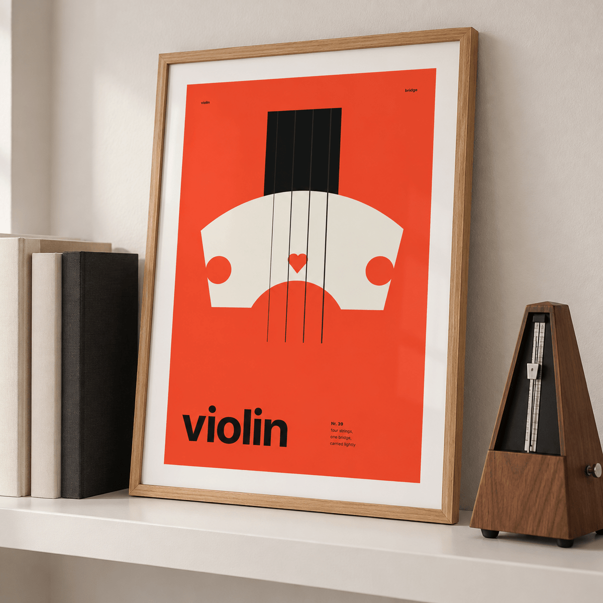 Violin bridge close up print leaning on a picture ledge in a music room