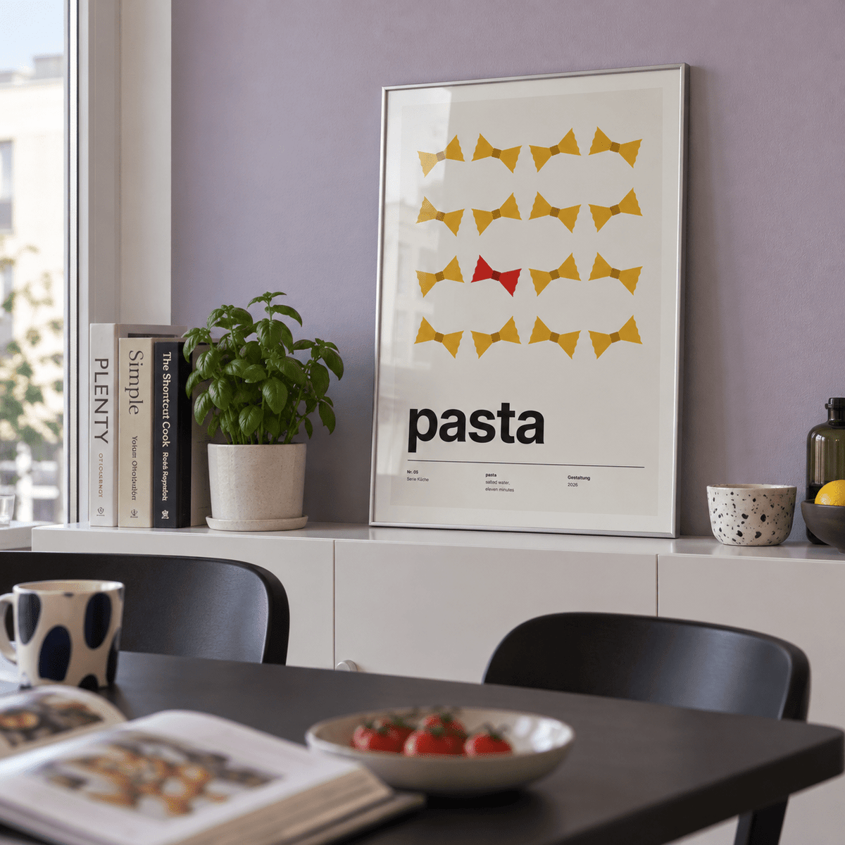 Rows of farfalle pasta print in a dining cabinet against a lilac wall