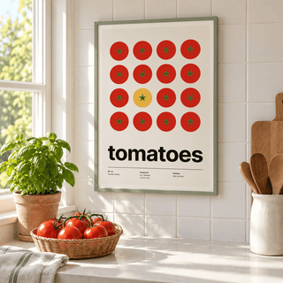 Swiss style tomato print on a kitchen counter beside a sunny window