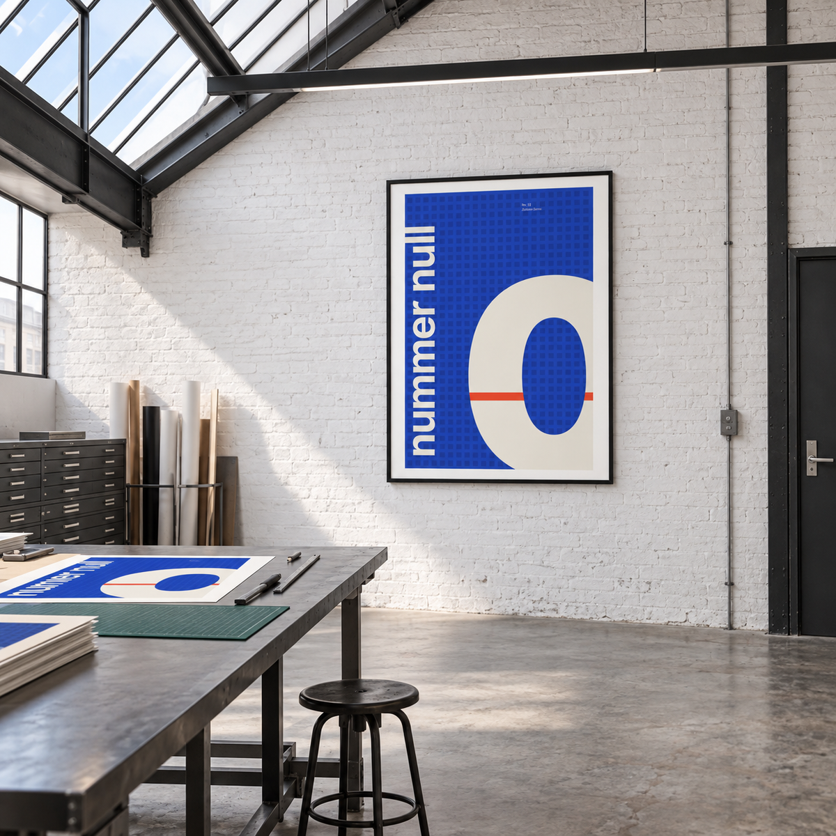 Giant cream number 0 on cobalt print in a modernist studio