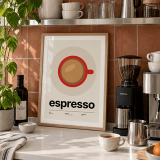 Red espresso cup kitchen print in a coffee bar against a terracotta wall