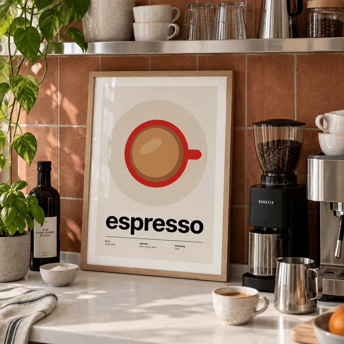 Red espresso cup kitchen print in a coffee bar against a terracotta wall