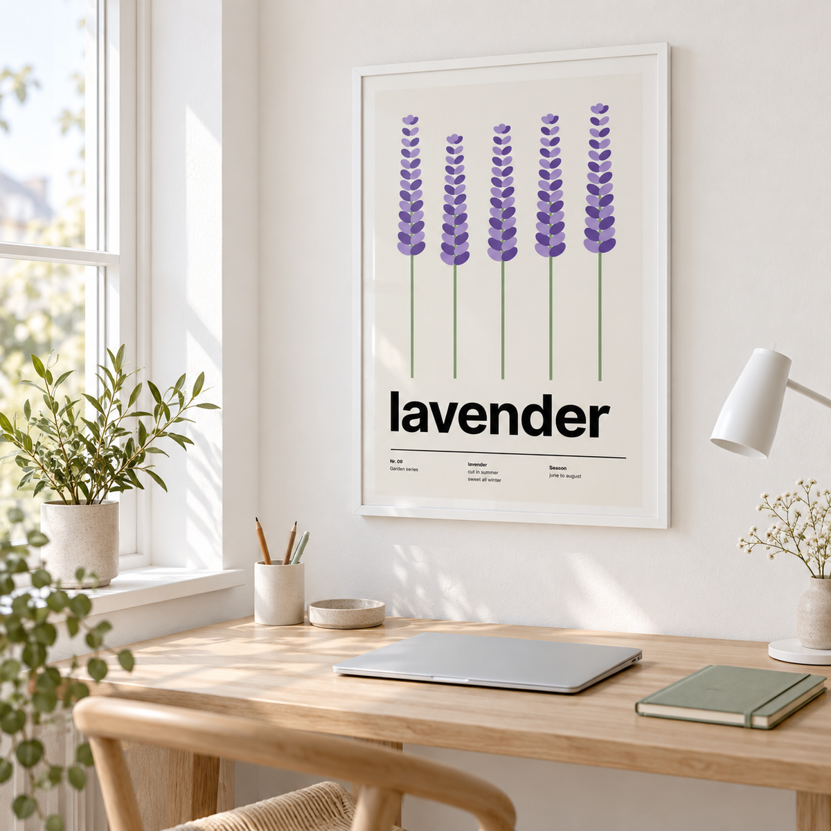 Lavender spikes wall art above a desk in a home office
