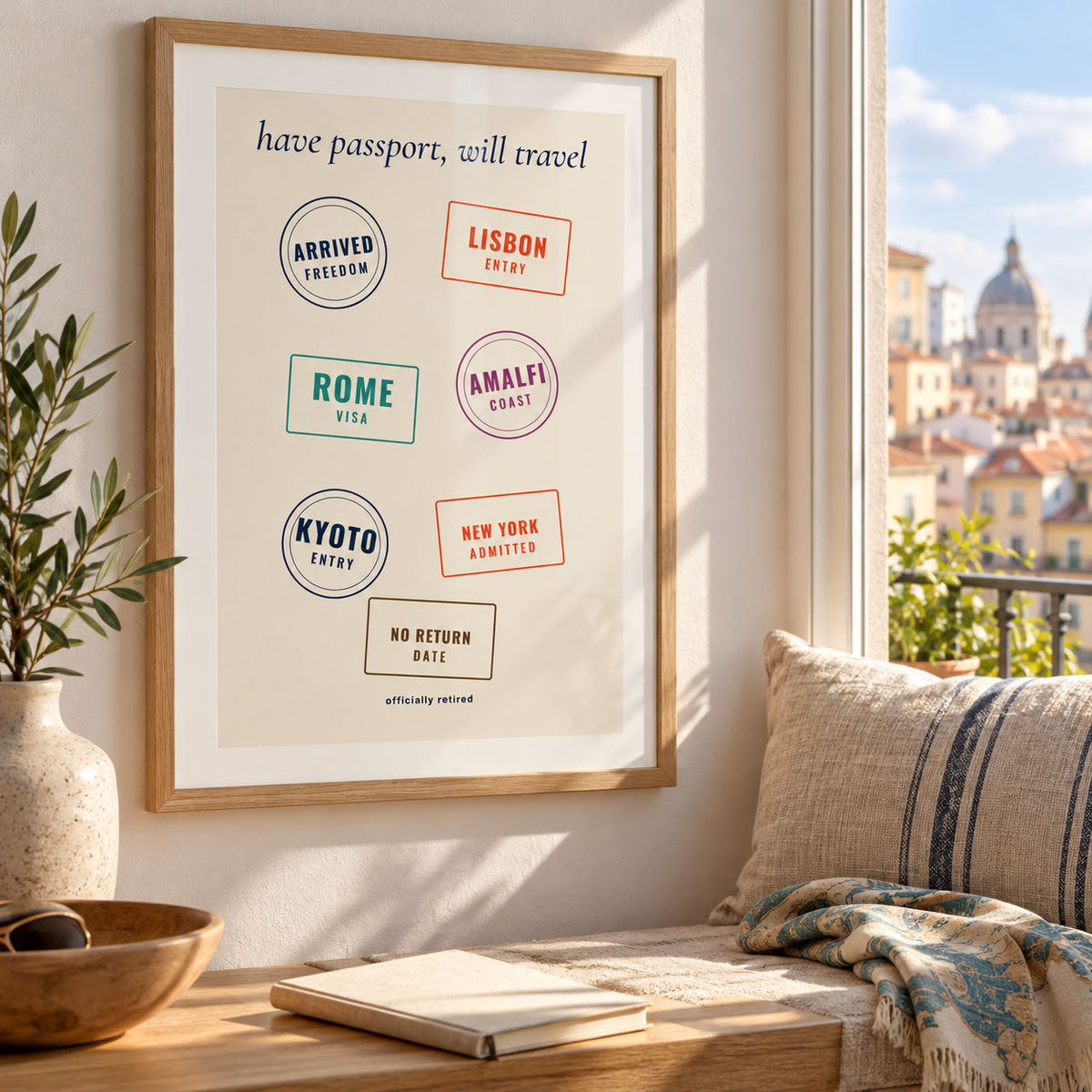 Passport stamps retirement print in a window nook with soft light