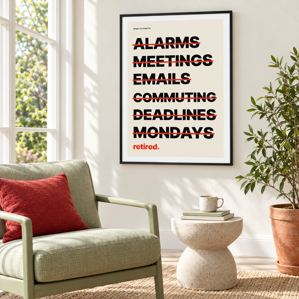 Crossed out list retirement print in a sunny sunroom with garden views