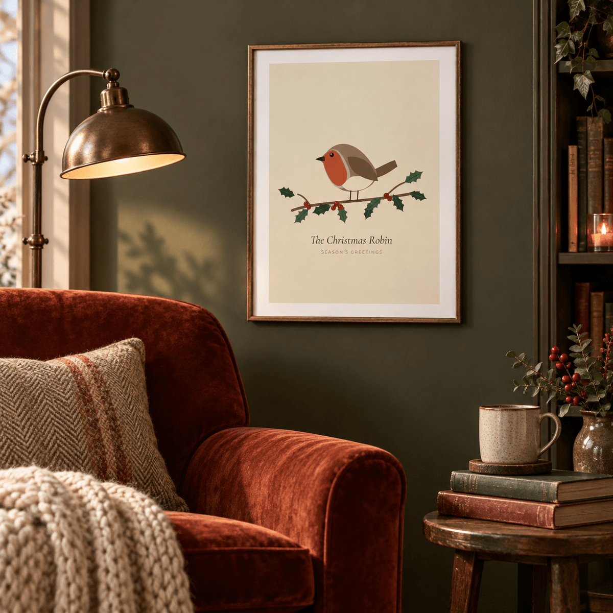 Christmas robin on holly print in a reading nook at Christmas