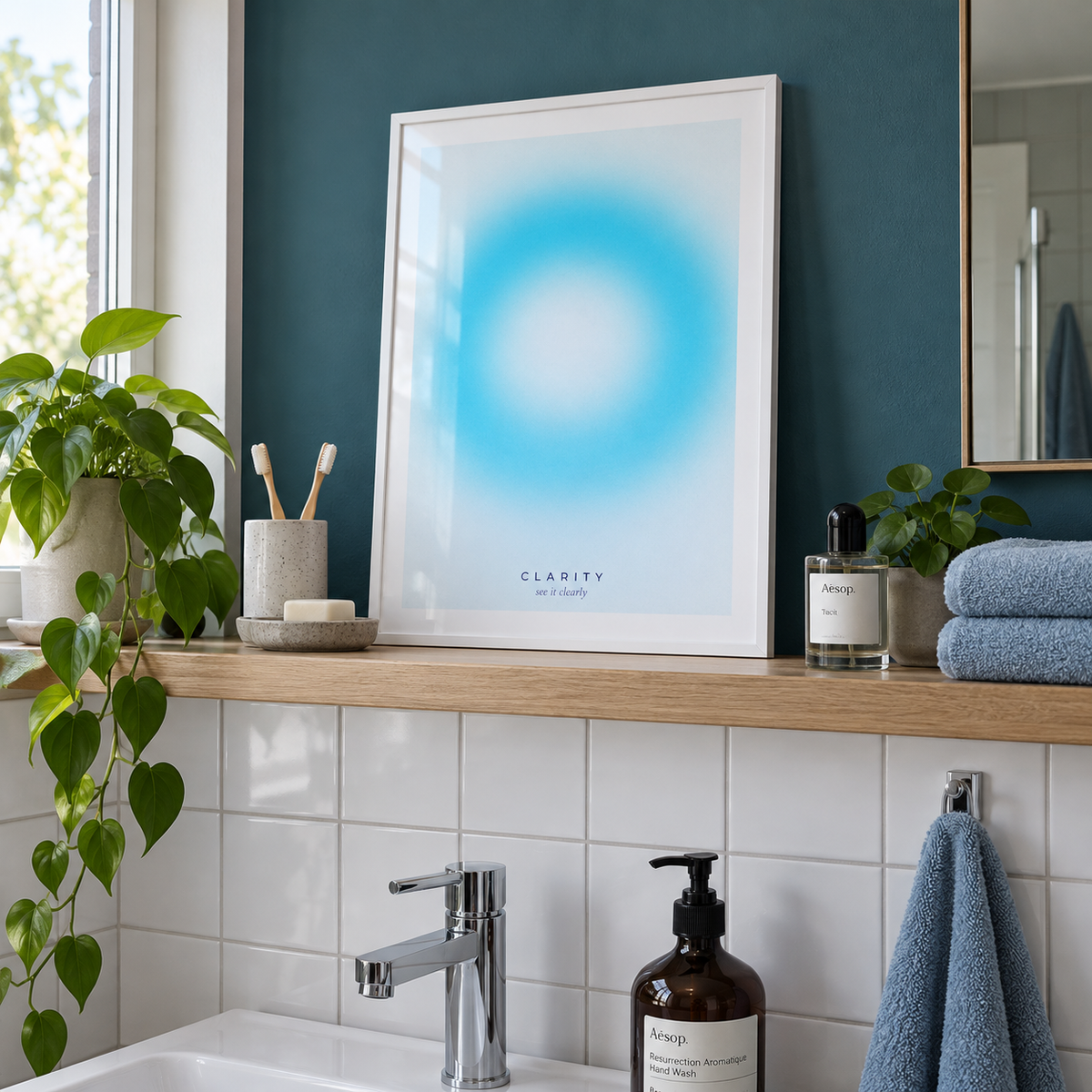 Pale cyan aura print on a shelf in a bathroom against a teal wall