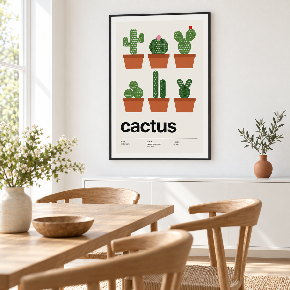 Cacti print above a wooden sideboard in a dining room