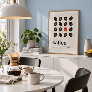 Coffee bean grid kitchen print above a sideboard in a dining against a blue wall