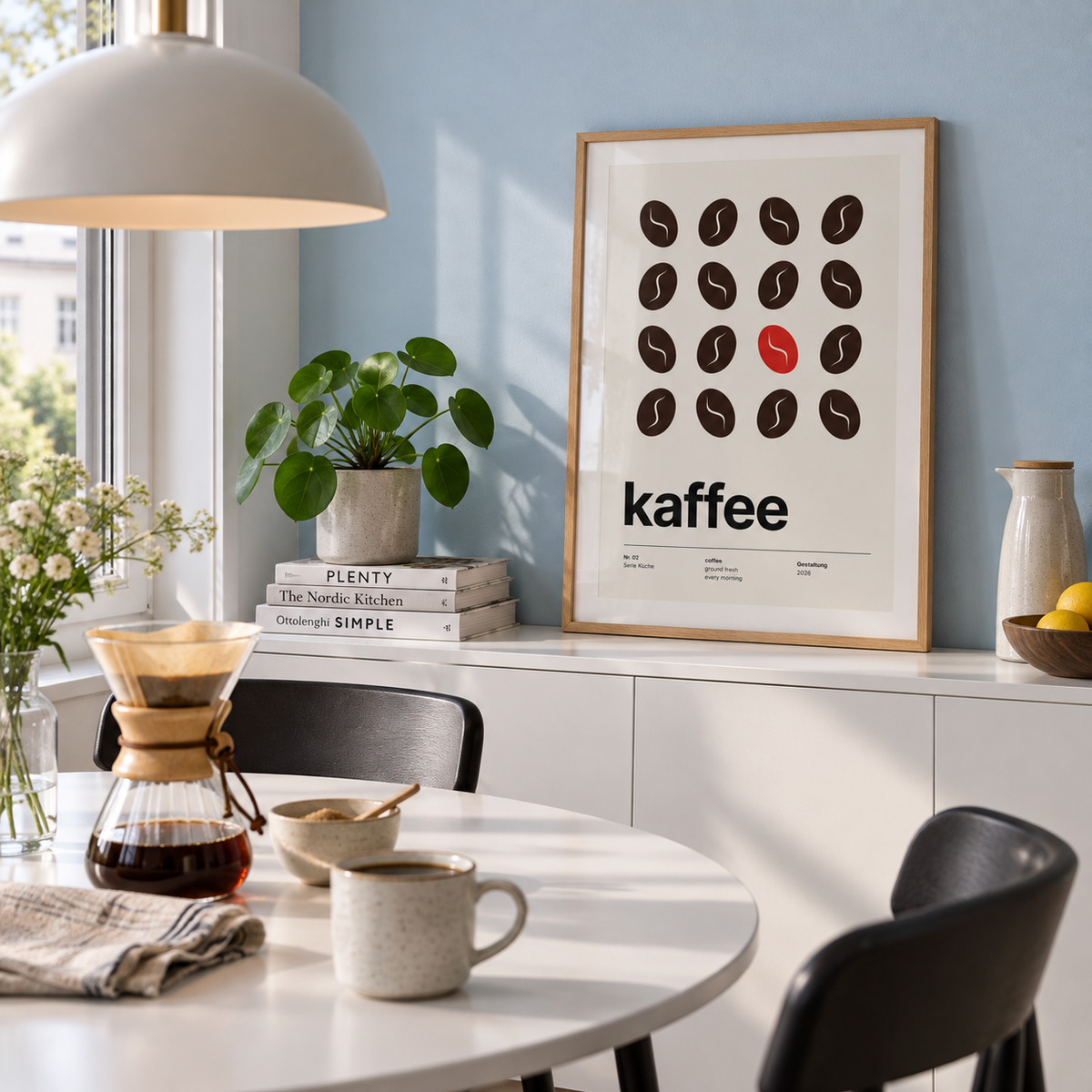 Coffee bean grid kitchen print above a sideboard in a dining against a blue wall