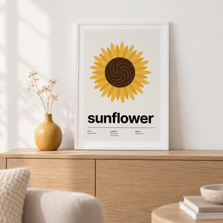 Sunflower head from above print above a sideboard in a relaxed living room
