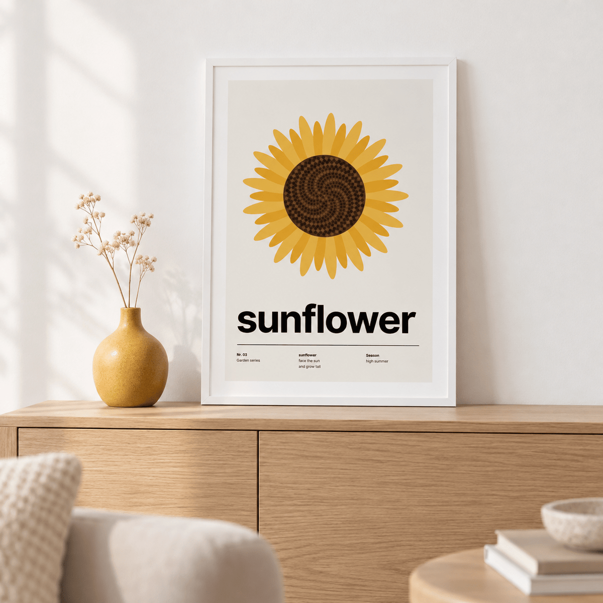 Sunflower head from above print above a sideboard in a relaxed living room