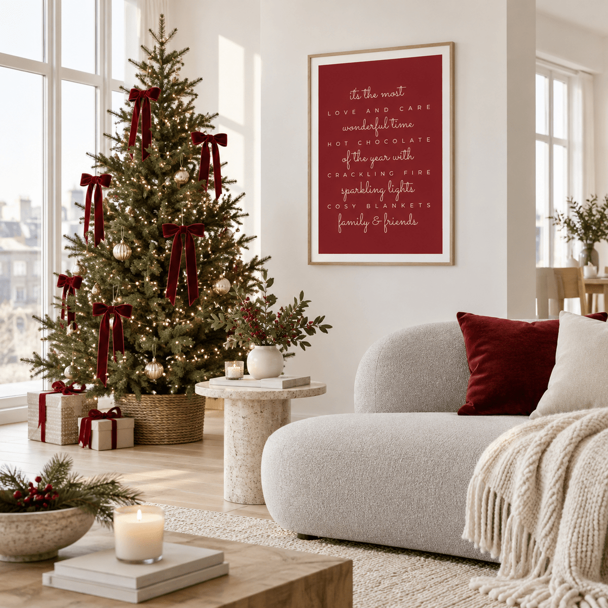 Red most wonderful time quote print in a modern apartment living room at Christmas