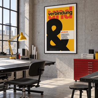 Giant black ampersand print in a modernist studio
