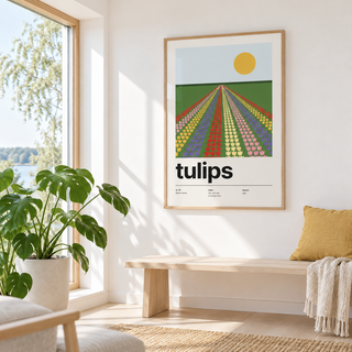 Tulip field print beside a window seat with cushions