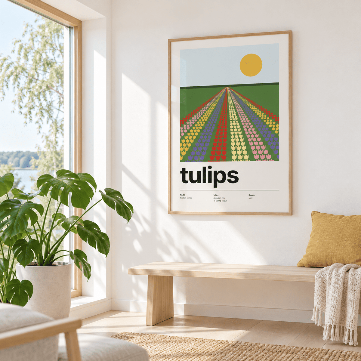 Tulip field print beside a window seat with cushions