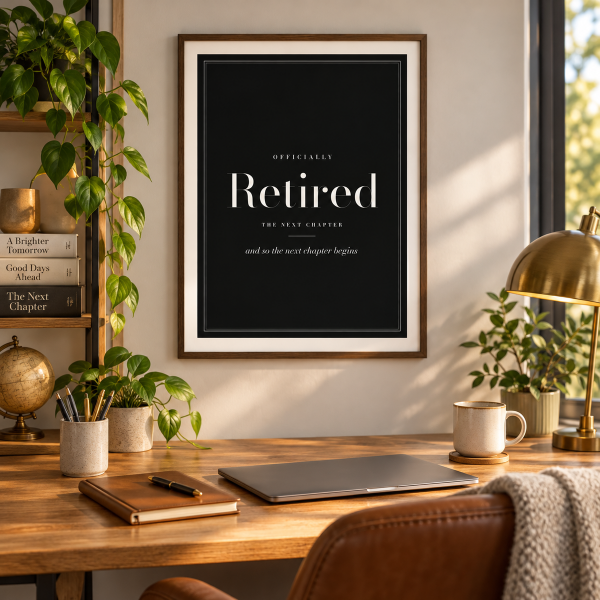 Officially retired black print above a writing desk in a calm study