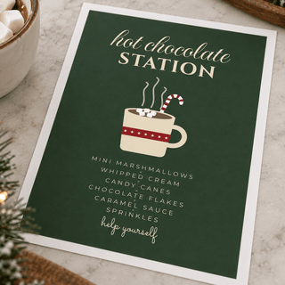 Close view of the green hot chocolate station print showing the paper texture and lettering
