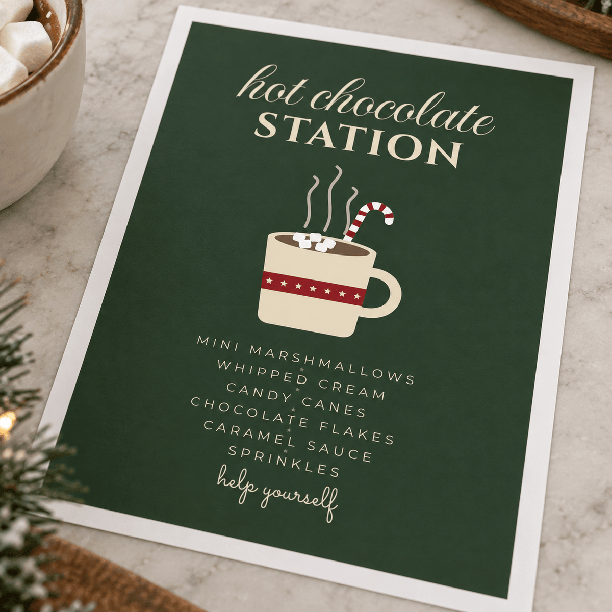 Close view of the green hot chocolate station print showing the paper texture and lettering