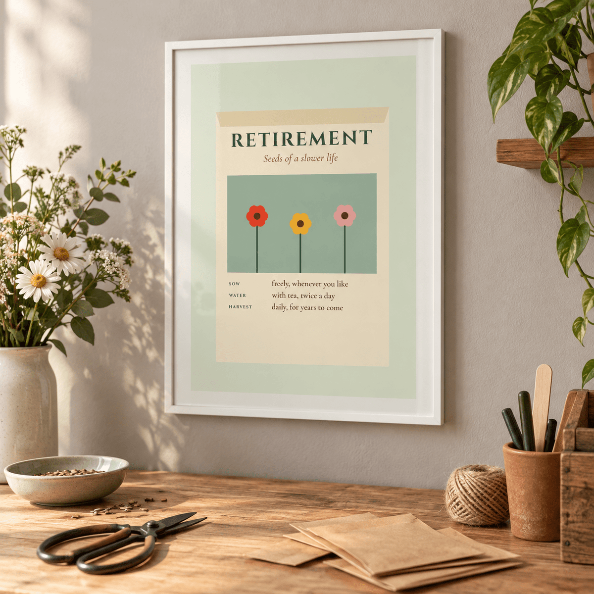 Retirement seed packet print above a hobby desk in a spare room
