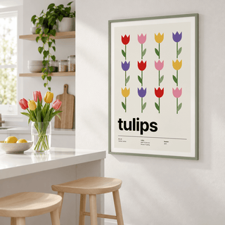 Colourful tulip print in a kitchen corner with open shelves