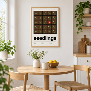 Seed tray gardening print in a kitchen nook with soft daylight
