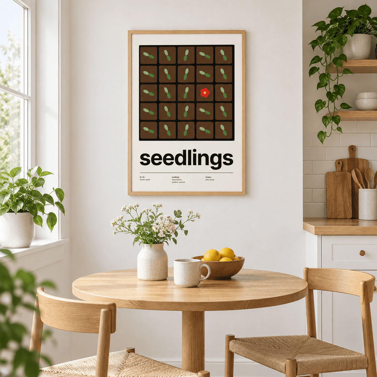 Seed tray gardening print in a kitchen nook with soft daylight