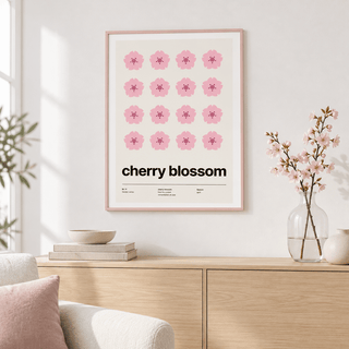 Blossom poster above a sideboard in a relaxed living room