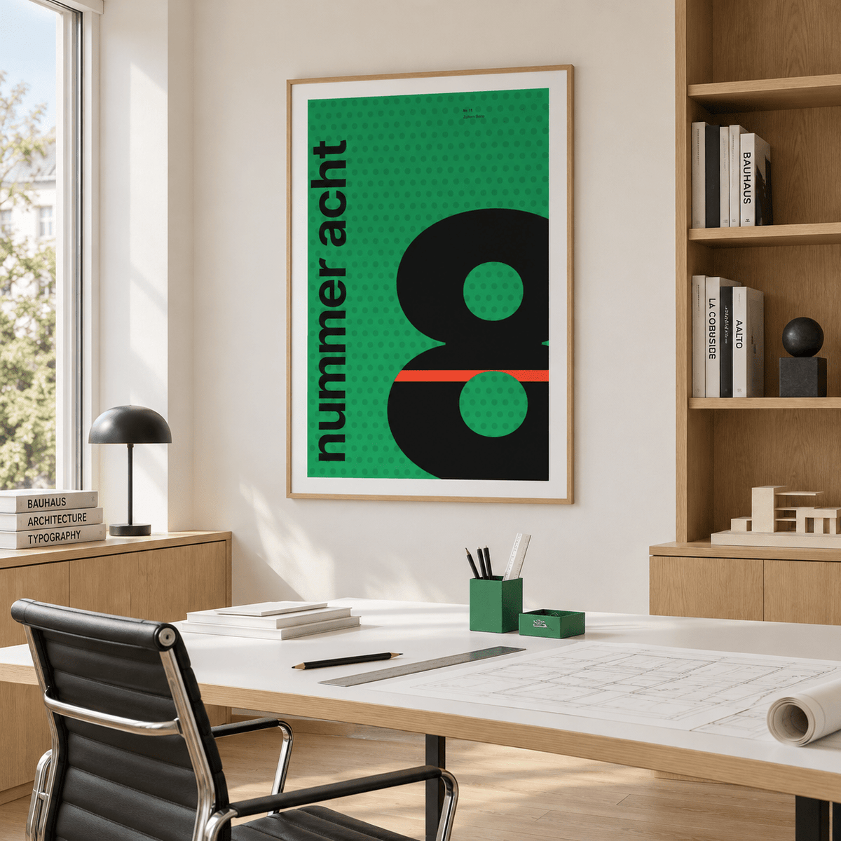 Giant black number 8 on green print in a modernist studio