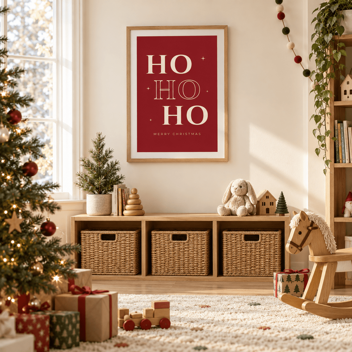 Red ho ho ho typography print in a playroom at Christmas