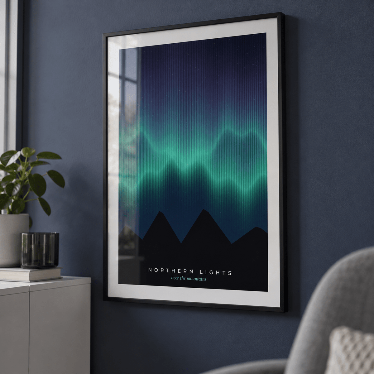 Close view of the green aurora over mountains print against a slate wall