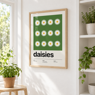 Daisy flower print in a garden room filled with green plants