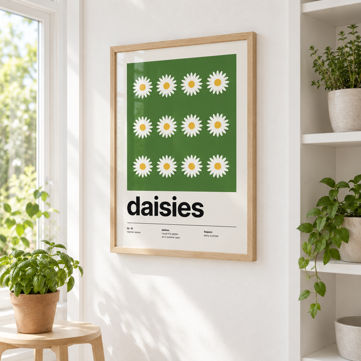 Daisy flower print in a garden room filled with green plants