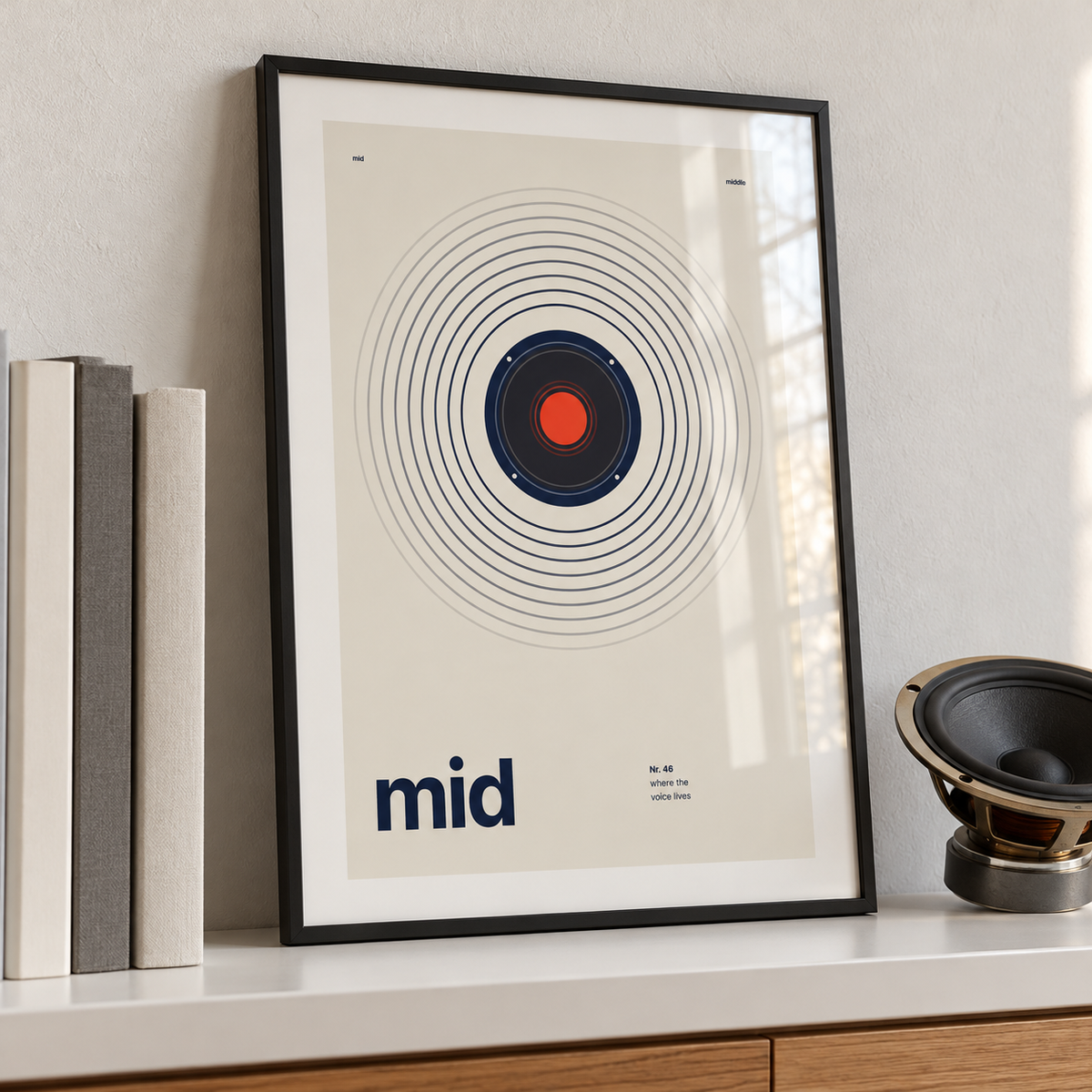 Mid range speaker with rings print leaning on a picture ledge in a music room