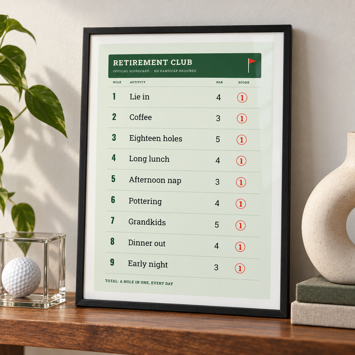 Retirement golf scorecard print leaning on a shelf in a golfer's den