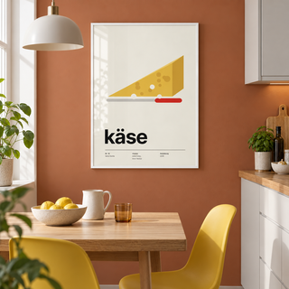 Swiss cheese wedge print in a kitchen dining against a terracotta wall