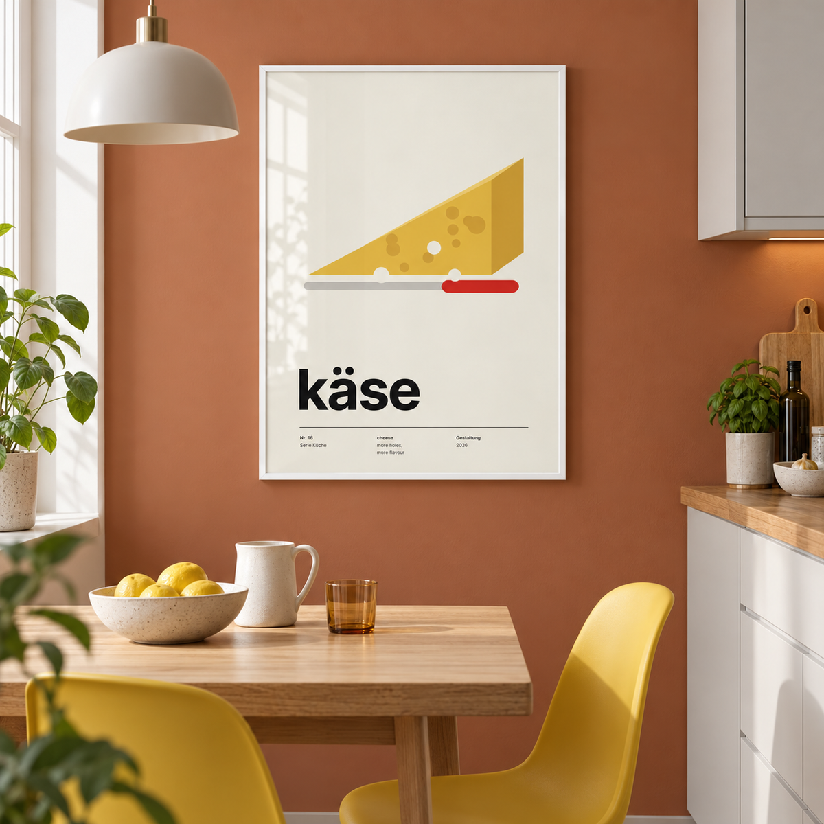 Swiss cheese wedge print in a kitchen dining against a terracotta wall