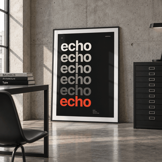 Repeating echo word poster in a modernist studio