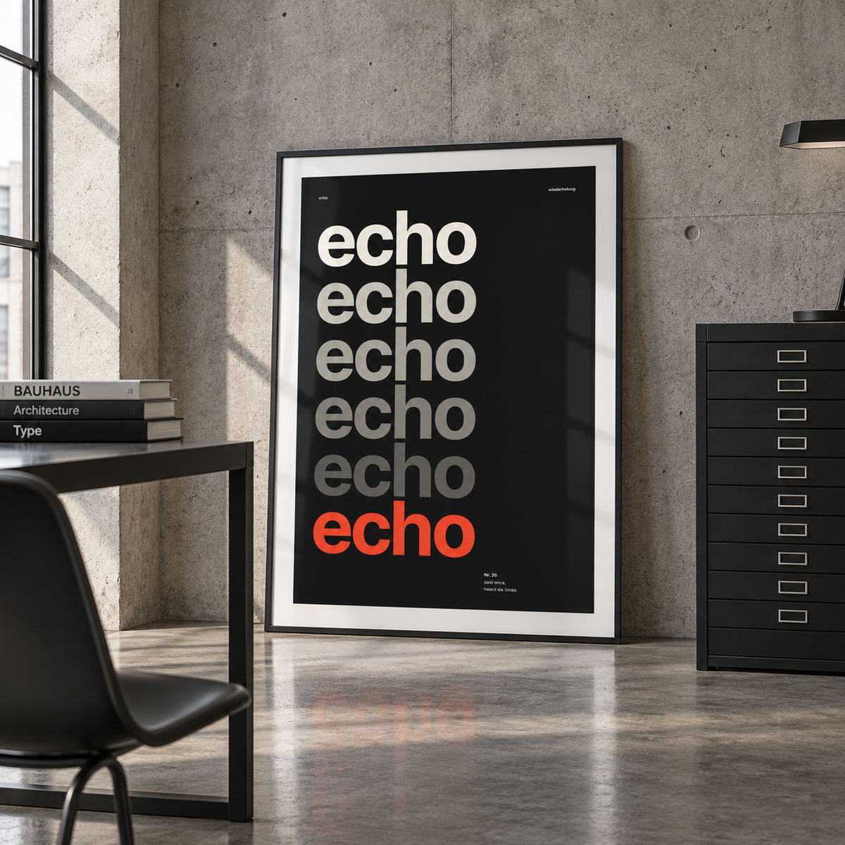 Repeating echo word poster in a modernist studio