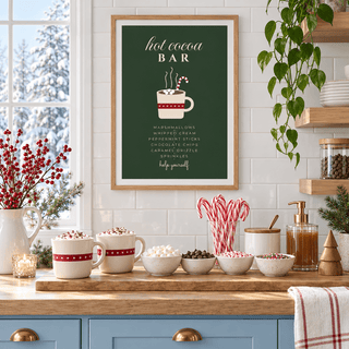 Green hot cocoa bar sign print in a powder blue kitchen at Christmas