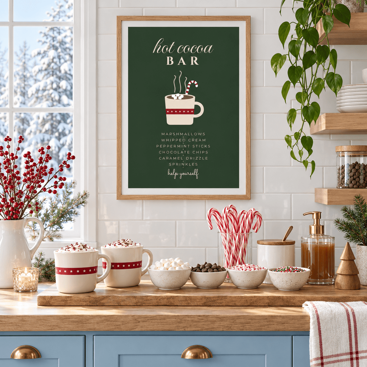 Green hot cocoa bar sign print in a powder blue kitchen at Christmas