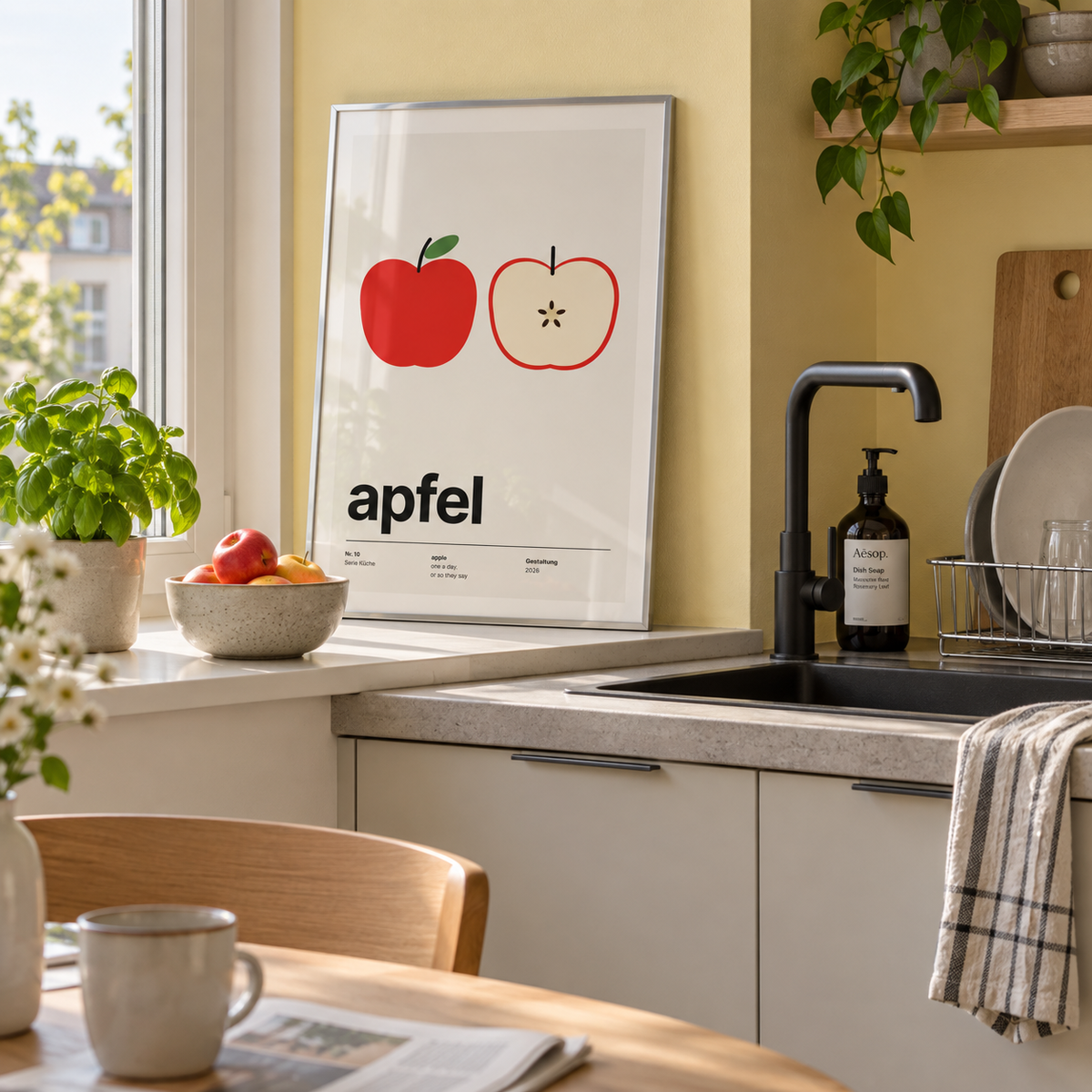Whole and halved apple print on a ledge in a kitchen window against a yellow wall
