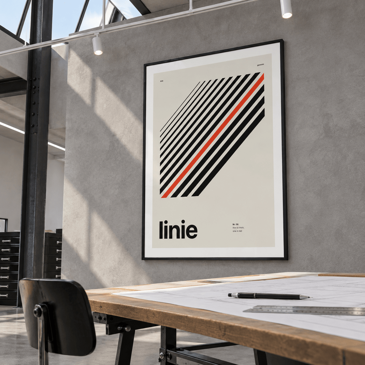 Diagonal black lines print in a modernist studio