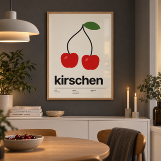 Pair of red cherries print in a dining alcove against a charcoal wall