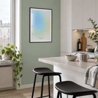 Sky blue and lime gradient print in a kitchen bar against a mint wall