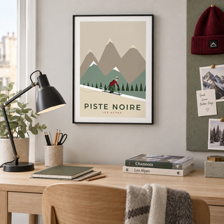 Retro alpine skier print in a work nook at Christmas